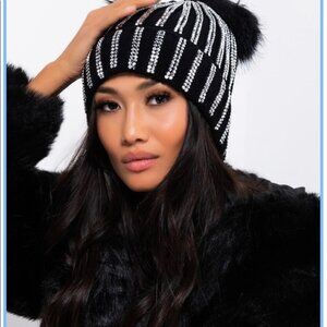 Adrienne Landau Black Rhinestone Pom Pom Beanie Hat